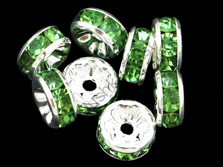 Рондели 8 мм, серебро, со светло-зелеными стразами в Оренбурге